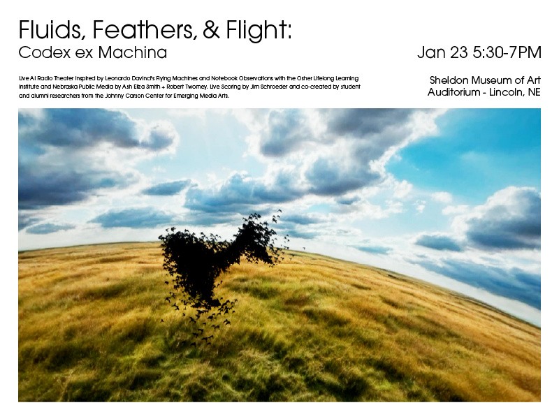 Event poster titled Fluids, Feathers, & Flight: Codex ex Machina, with a dark flock forming a shape above a field.